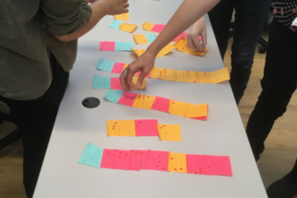 Sticky notes being grouped on a table during a values exercise and discussion at the Palante retreat