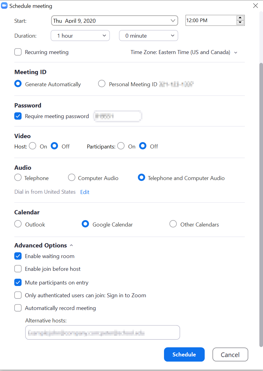 The Schedule Meeting screen in the Windows Zoom application, with a number of security settings in place