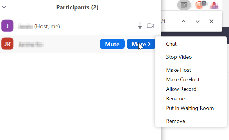 The Zoom Participants window with the More menu expanded, showing many options that are useful for dealing with disruptions