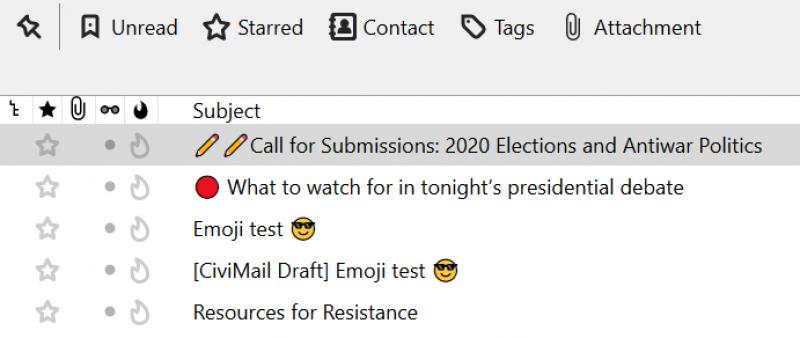 inbox showing subject lines with emoji