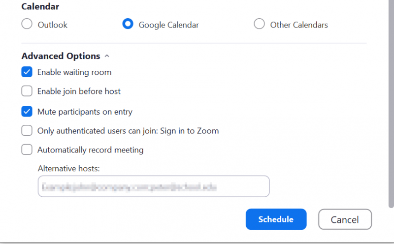 Screenshot of the Schedule Meeting screen in the Zoom Windows app